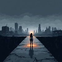 A lone figure stands on a cracked path leading into a desolate cityscape, bathed in a dim glow, embodying the tension of trust and hope from the quote, Trust is dangerous, but without it, what hope do we have?