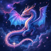 A magnificent, ethereal dragon glides through a starry cosmos, its iridescent scales shimmering amidst swirling clouds and distant stars, embodying the limitless imagination of space.