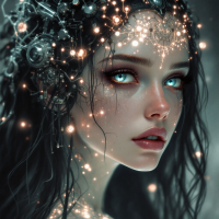 A portrait of a mystical woman with glowing, crystalline eyes and dark hair adorned with shimmering lights, capturing the essence of fading power and enchanting beauty.