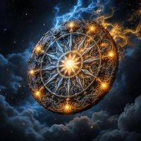 A mystical wheel adorned with intricate designs and glowing lights hovers amidst dark, swirling clouds, embodying the ceaseless cycle of creation and destruction.