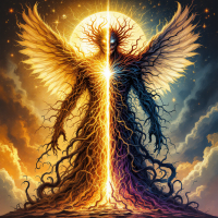 A figure with angelic wings and dark roots stands against a vibrant backdrop, symbolizing the interplay of good and evil, reflecting the quote about their interconnectedness.