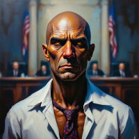 A tense courtroom scene features a fierce, bald lawyer in a disheveled shirt and loosened tie, embodying the quote, There's nothing more dangerous than a good lawyer.