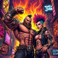 A muscular man and a bold woman with colorful mohawks stand confidently in a vibrant, graffiti-covered urban setting, symbolizing unity in overcoming challenges together.