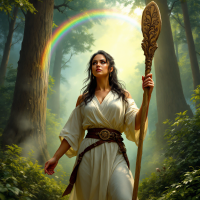 A strong woman stands confidently in a forest, holding a staff, with a rainbow arching behind her, embodying empowerment and resilience against traditional power dynamics.