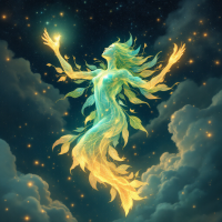 A luminous figure with flowing hair and ethereal limbs reaches towards a glowing star against a starry sky, embodying the quote To the stars who listen—and the dreams that are answered.