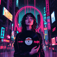 A woman holds a vinyl record amidst a vibrant, neon-lit cityscape, embodying the complexities and growth that love can bring, reflecting the depth of emotions in the quote.