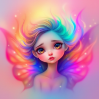 A wistful girl with colorful, flowing hair and vibrant, translucent wings gazes thoughtfully, embodying the complexities of love that can lead to both good and evil.