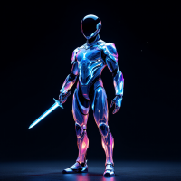 A futuristic armored figure stands confidently in a dark space, holding a glowing sword, embodying the quote, We’re not fighting for ourselves, we’re fighting for the future.