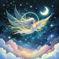 A serene figure with flowing hair and translucent wings floats among starry skies and clouds, embodying the essence of freedom as a state of being. A crescent moon glows nearby.