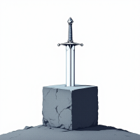 A gleaming sword emerges from a rough stone pedestal, symbolizing the potential for greatness that resides within each individual, inspired by the tale of the sword in the stone.