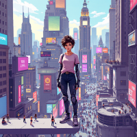 A young person with short hair stands confidently on a ledge overlooking a bustling cityscape filled with vibrant advertisements, embodying the desire to connect with the world.