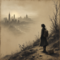 A lone figure stands on a hillside, overlooking a misty city skyline at dawn. The image evokes a sense of hope and possibility, reflecting the quote about changing the future.