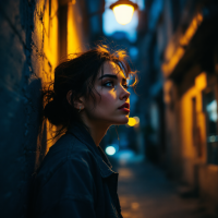 A pensive young woman leans against a wall in a dimly lit alley, illuminated by warm streetlights, visually echoing the quote, There is no such thing as an ordinary life.