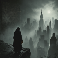 A cloaked figure stands on a ledge overlooking a foggy cityscape, bathed in dim light, symbolizing the absence of understanding and wisdom amidst the shadows.