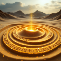 A glowing spiral of golden sand radiates light in a vast, serene landscape, symbolizing a gateway to deeper understanding and insight into humanity, as suggested by the quote.