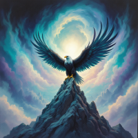 A majestic eagle stands atop a rugged mountain peak, wings spread wide against a vibrant, swirling sky, embodying the strength found in solitude.