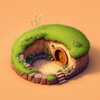 A whimsical hobbit hole nestled in a grassy hill, featuring a round wooden door, stone steps, and blooming flowers, evoking the charm of a cozy underground dwelling.