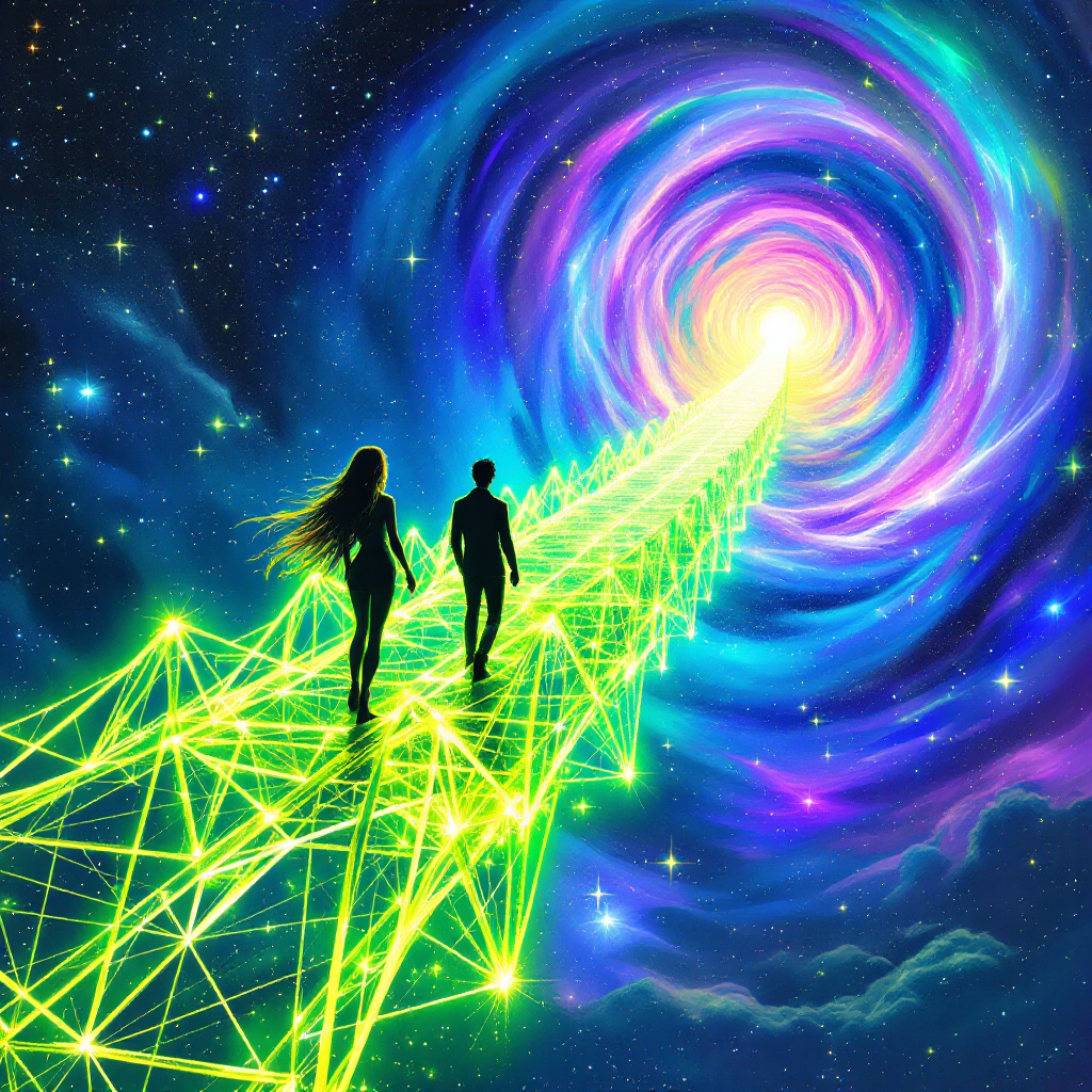 Two silhouetted figures walk hand in hand along a glowing, neon green bridge extending into a colorful, swirling galaxy, symbolizing the journey of building bridges among the stars.