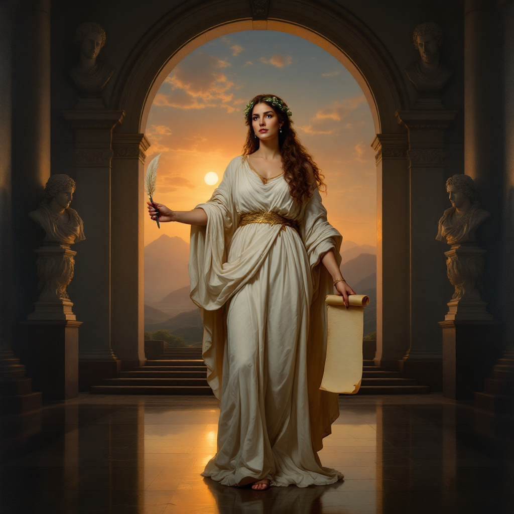 A woman in a flowing white gown stands in an archway, holding a quill and a scroll, embodying the essence of storytelling against a dramatic sunset background.