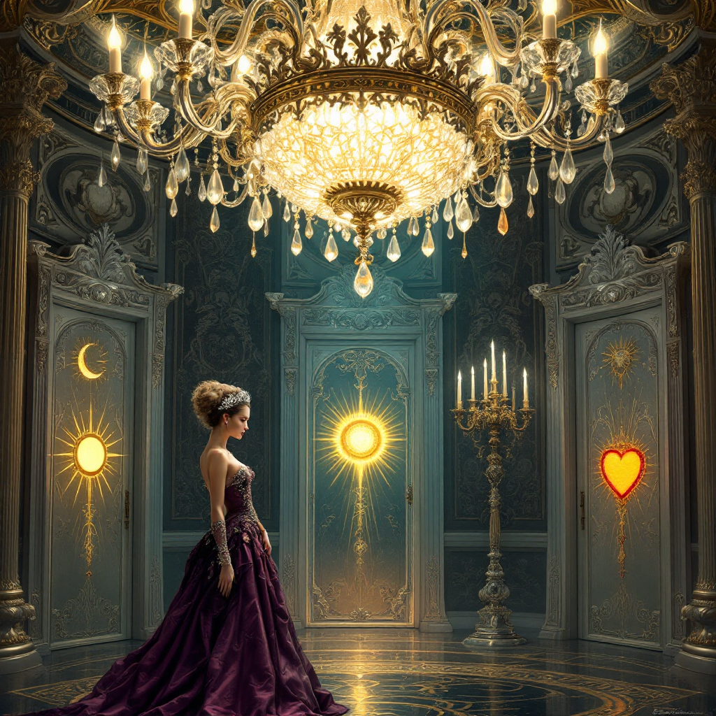 A woman in a regal purple gown stands in a grand room beneath an ornate chandelier, facing three doors illuminated with symbols: a crescent moon, a sun, and a heart, reflecting the weight of choices.