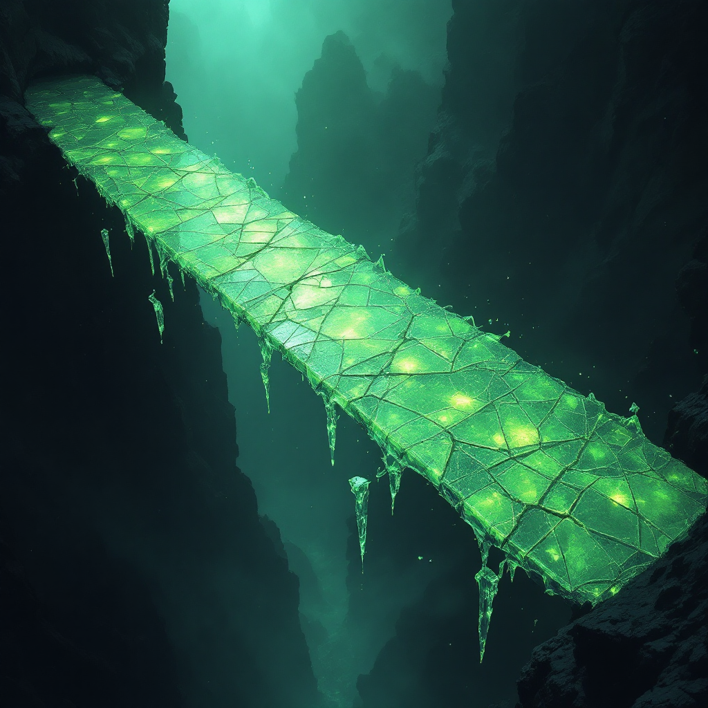 A glowing, translucent bridge spans a dark chasm, symbolizing the fragility of trust—beautiful yet perilous, reflecting the quote about trust's irreparable nature.