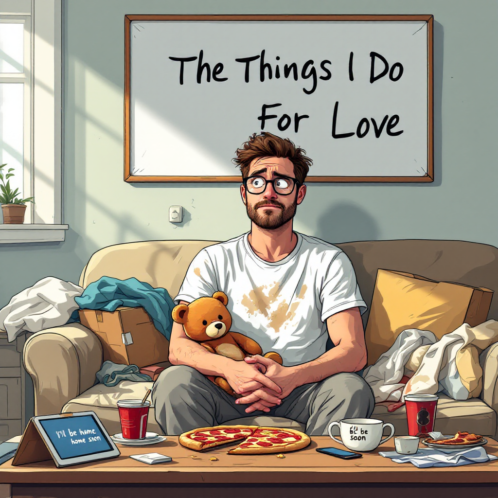 A man sits on a messy couch surrounded by pizza, drinks, and snacks, holding a teddy bear, with a sign above him that reads, The Things I Do For Love. Sunlight streams through the window.