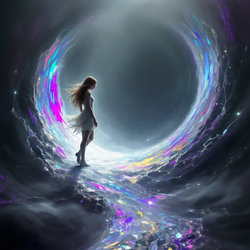 A figure in a flowing white dress stands at the edge of a swirling, colorful portal, illuminated by ethereal light, embodying the quote, There’s no going back once you’ve crossed over.