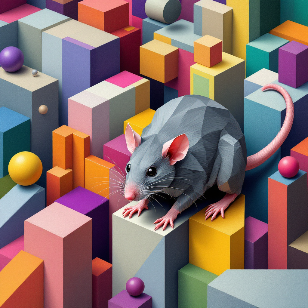 A geometric gray rat explores a colorful, abstract maze of blocks and spheres, symbolizing the quote about freedom within limitations.