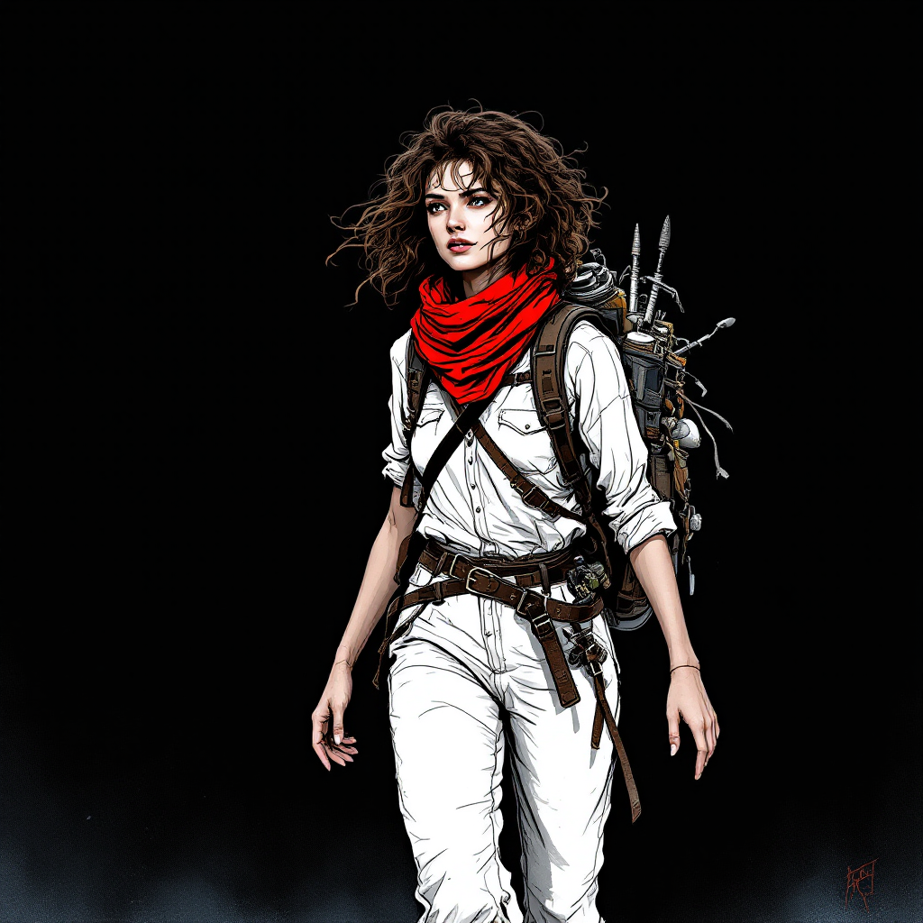 A determined figure walks confidently against a dark backdrop, wearing a red bandana and equipped for adventure, embodying the spirit of forging one’s own path.