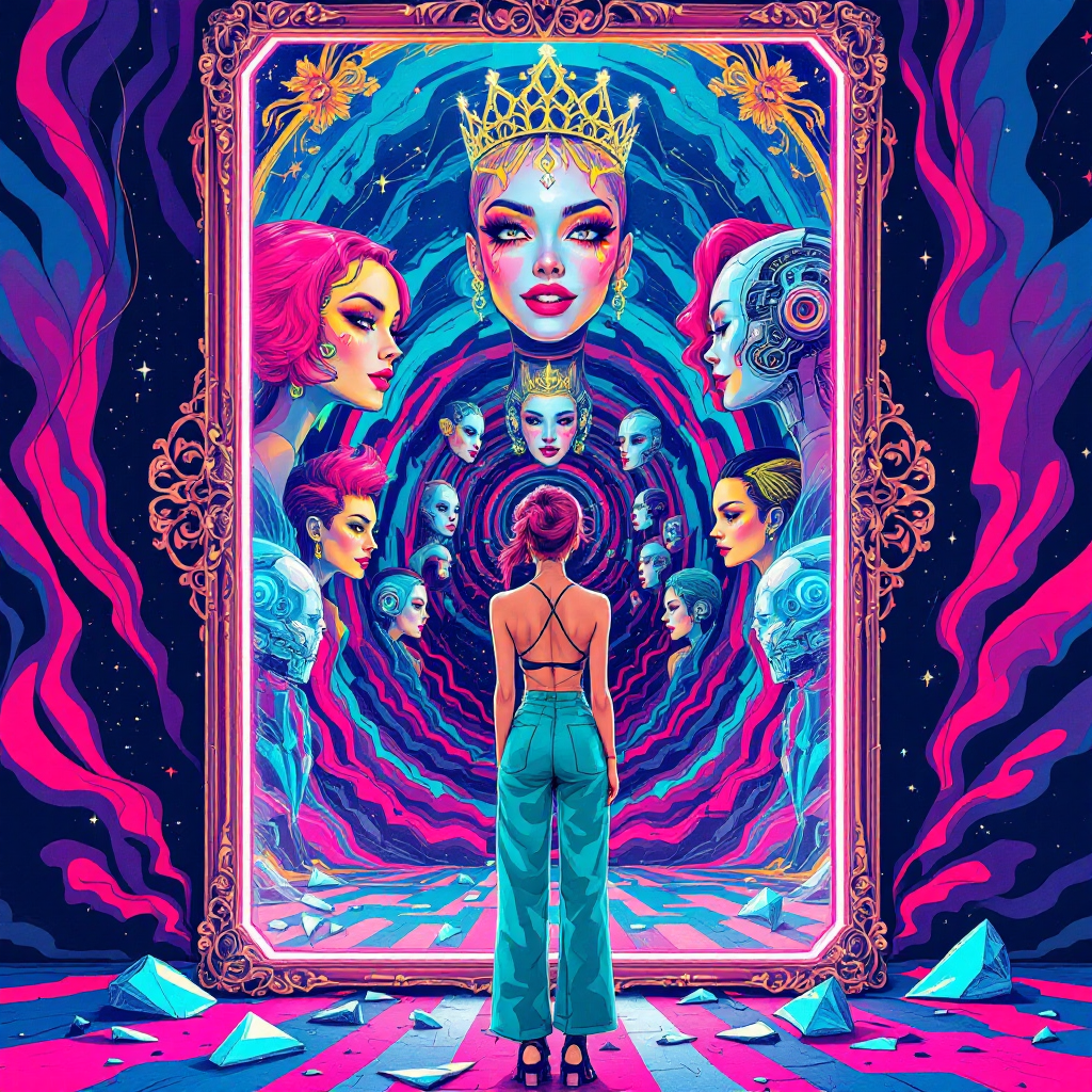 A person stands in front of a vibrant, swirling mirror showcasing various reflections, embodying the quote about how to present oneself visually. The scene is filled with color and creativity.