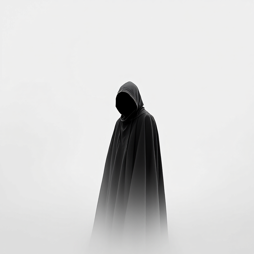 A shadowy figure in a flowing black cloak stands against a pale background, embodying the essence of the quote, Trust is earned through deeds, not words.