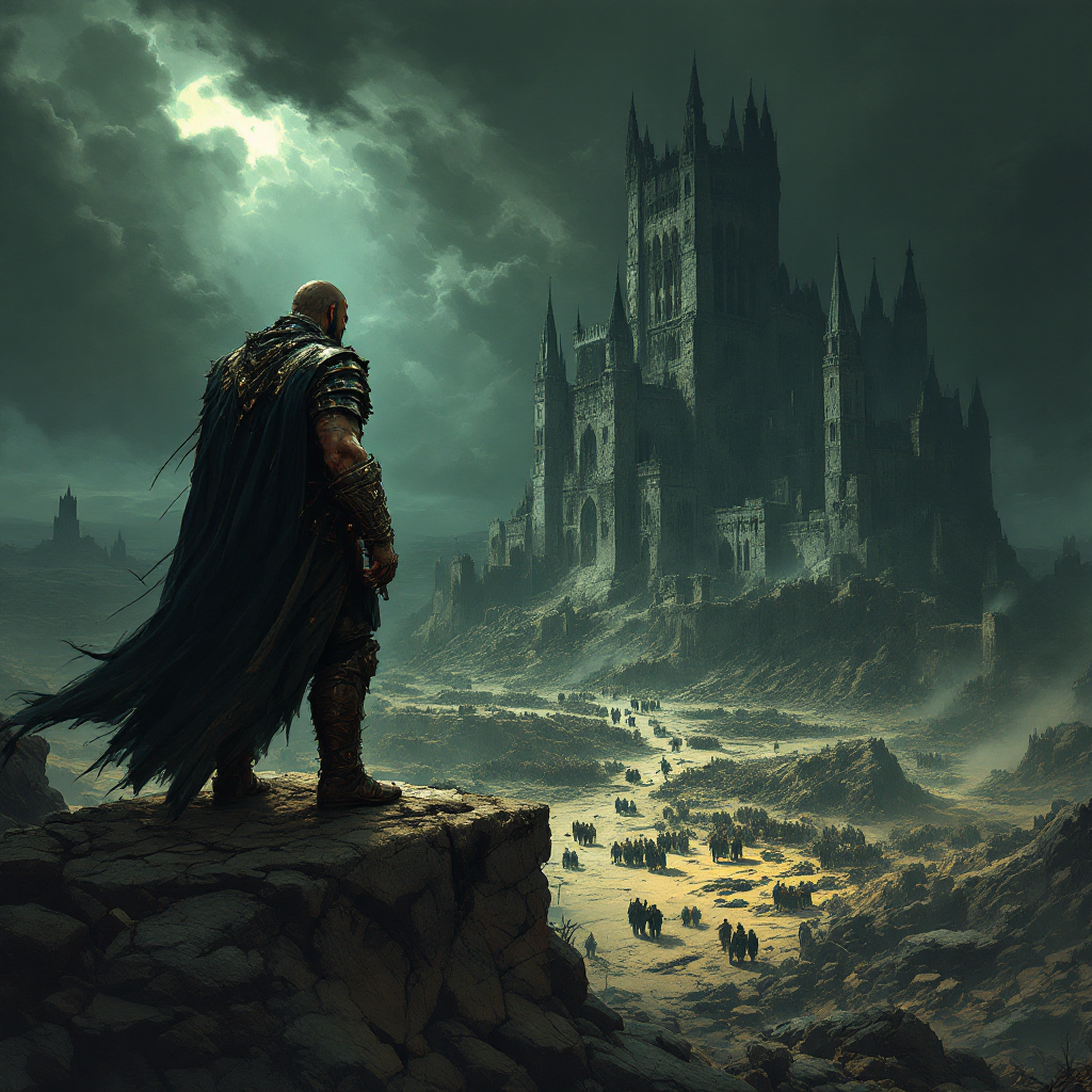 A lone figure in armor stands on a rocky outcrop, overlooking a desolate landscape and a looming castle, embodying the misconception that the battle is the war's main event.