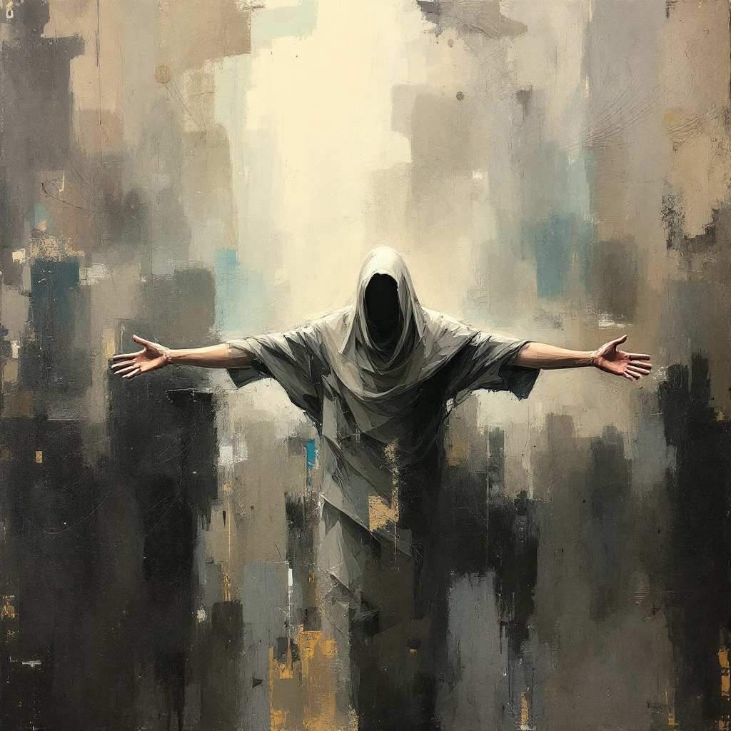 A cloaked figure with outstretched arms stands amidst abstract gray and muted tones, embodying the complexities of justice beyond clear-cut definitions.