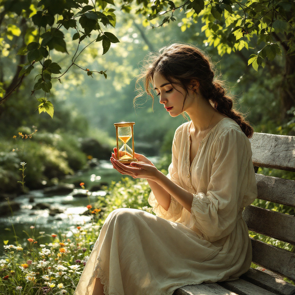 A contemplative woman in a flowing dress sits on a bench by a tranquil stream, gently holding an hourglass, surrounded by lush greenery and soft sunlight, reflecting on the transience of time.