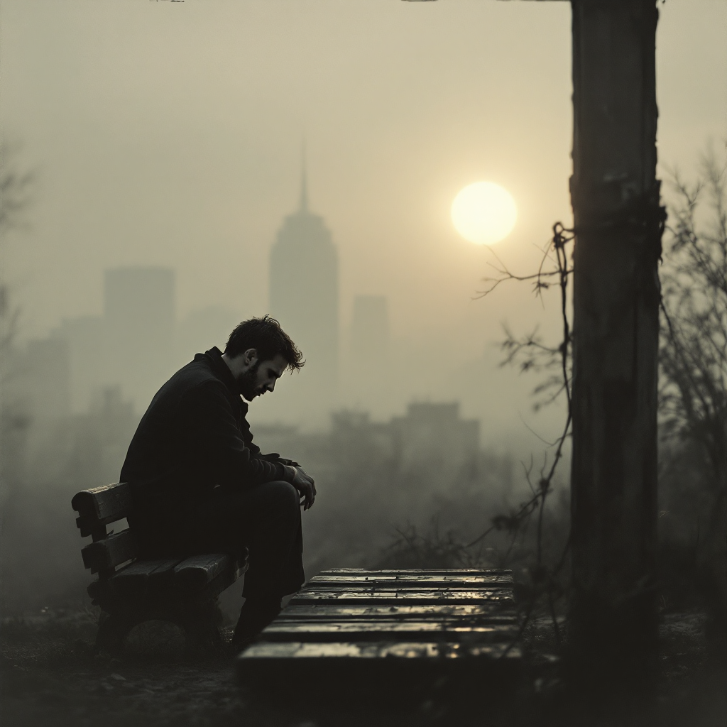 A solitary man sits on a bench, gazing downcast as the sun sets behind a hazy skyline, embodying the hidden sorrows and sadness often mistaken for coldness.