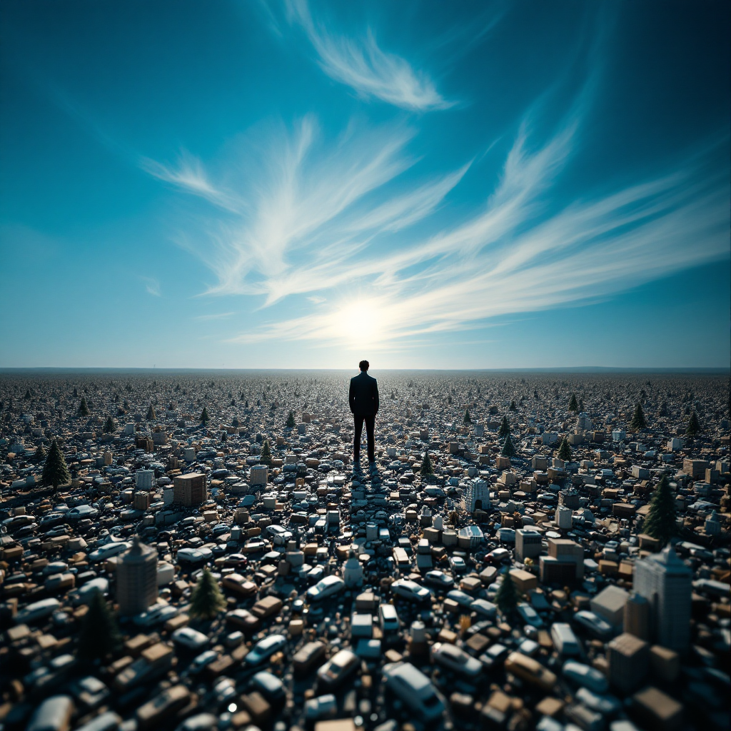 A lone figure stands amidst a vast cityscape under a bright sky, symbolizing the immense possibilities and expansiveness of life, reflecting on a profound quote about life's magnitude.