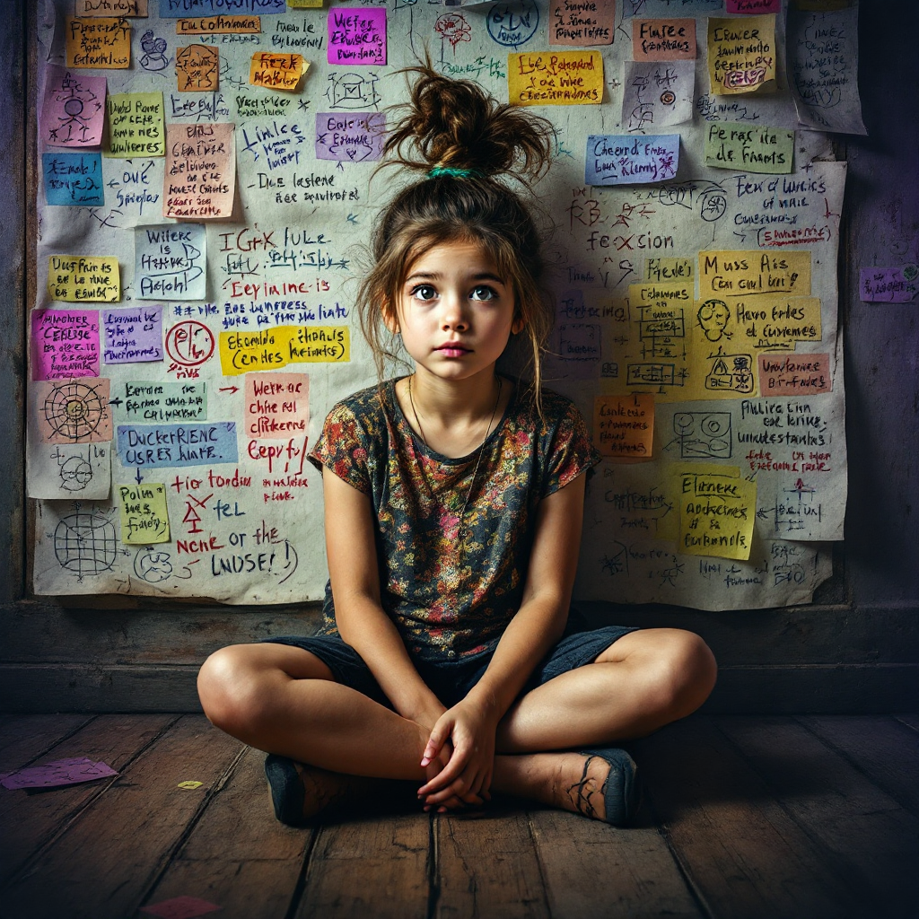 A young girl sits cross-legged on a wooden floor, gazing thoughtfully at a wall covered with colorful notes and quotes, embodying the curiosity and wonder of understanding the universe.