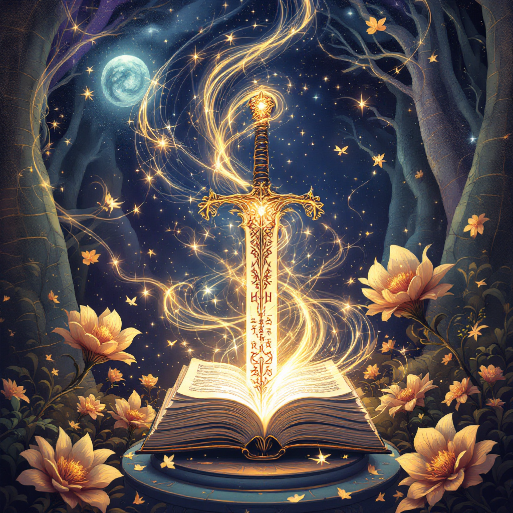 An open book surrounded by glowing flowers, with a shimmering sword rising from its pages, symbolizes the quote Knowledge is a weapon, and understanding is its blade, set against a starry night.