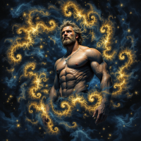 A powerful figure stands amidst swirling galaxies and golden light, embodying the quote Man is what he believes, representing strength and self-identity in a cosmic backdrop.