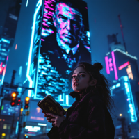 A woman stands in a neon-lit cityscape, holding a book, while a giant projection of a stern figure looms behind her, evoking the quote about ignorance shaping history.