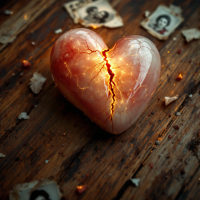 A cracked, glowing heart sits on a wooden surface, surrounded by scattered vintage photographs, visually representing resilience and the fragility of emotions.