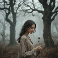 A young woman stands in a misty forest, holding a delicate flower and appearing contemplative, embodying the essence of trust as inspired by the quote about trusting others.