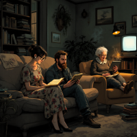 Three strangers share a quiet moment in a cozy living room, each absorbed in their own books. A vintage TV flickers softly, creating a comforting, nostalgic atmosphere.