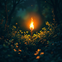 A glowing torch amidst lush greenery illuminates a dark forest, symbolizing hope as the ember that fuels our fight, embodying resilience and determination.