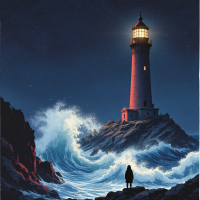 A luminous lighthouse stands atop rocky cliffs, surrounded by powerful waves under a starry night sky, symbolizing the yearning for light and the elusive search for meaning.