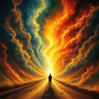 A silhouetted figure stands at the end of a fiery, swirling path of vibrant colors, symbolizing the moment of choosing between what is right and what is easy.