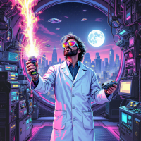 A scientist in a lab coat holds a device emitting sparks, surrounded by futuristic technology and a city skyline under a glowing moon, symbolizing unique creativity and innovation.