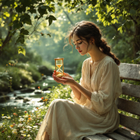 A contemplative woman in a flowing dress sits on a bench by a tranquil stream, gently holding an hourglass, surrounded by lush greenery and soft sunlight, reflecting on the transience of time.