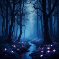 A mystical forest at twilight, shrouded in blue mist. Delicate glowing flowers line a meandering stream, evoking a profound sense of connection to nature and humanity's emotions.