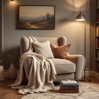 A cozy reading nook features a plush armchair draped with a soft blanket, inviting pillows, a warm lamp, and a serene landscape painting, embodying the essence of home and comfort.